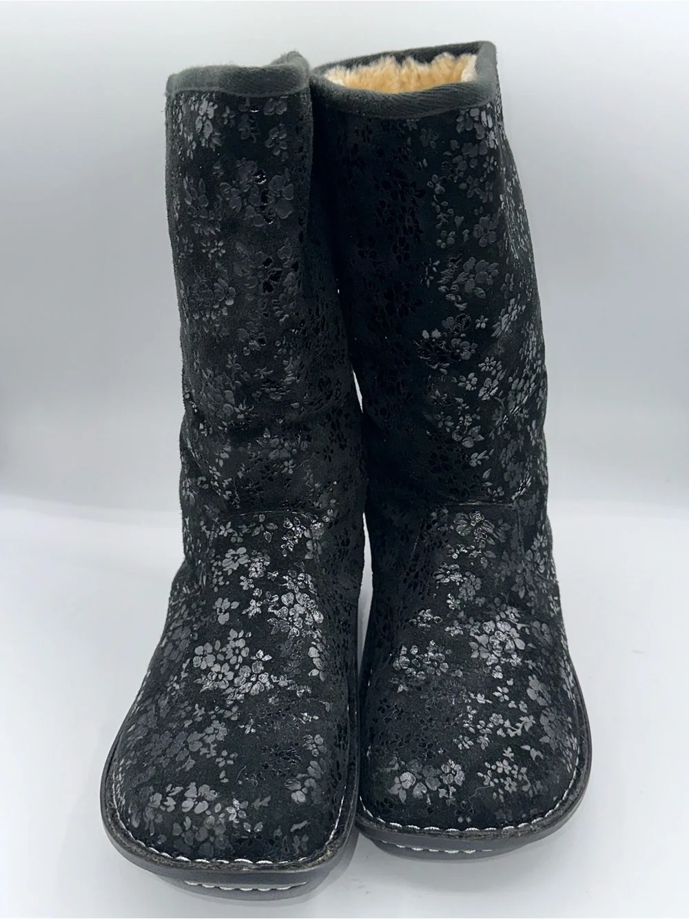 Alegria Black Floral Embossed Leather Shearling Lined Boots EU 40 US 9.5-10 AA38
